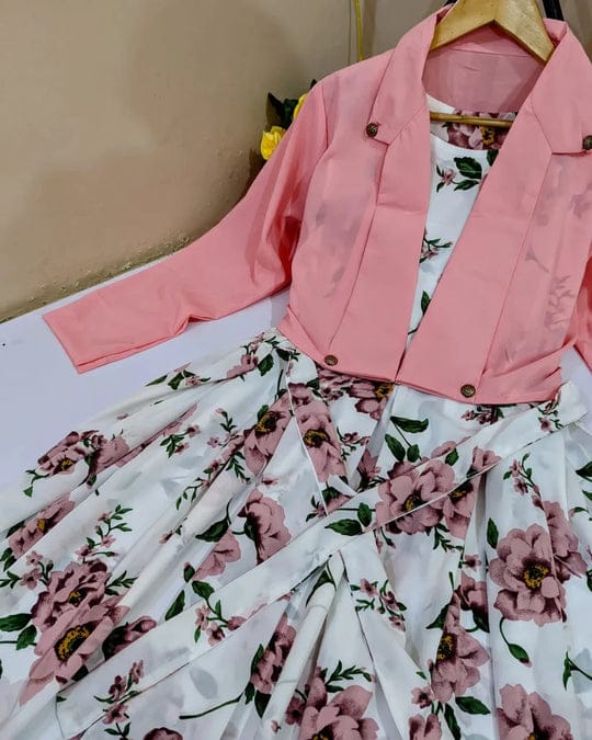 2 Pcs Stylish Floral Print Maxi Dress With Pink Jacket – Women’s Western Wear – Floral Maxi