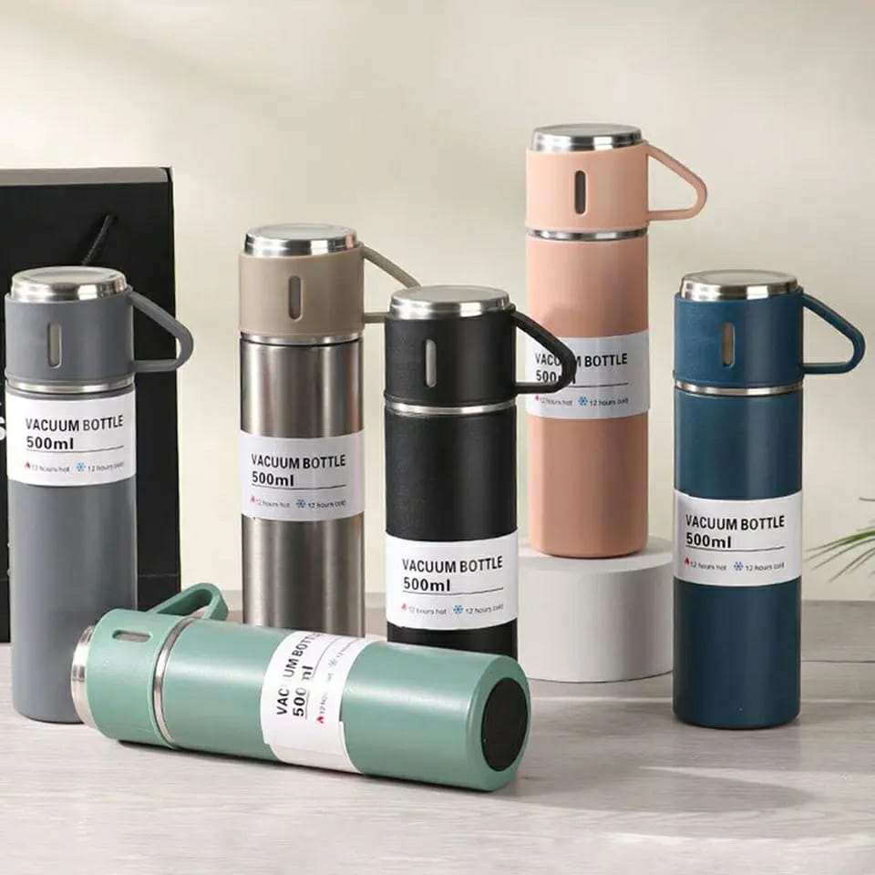 STAINLESS STEEL VACUUM FLASK SET - 500ML WITH 3 CUPS (Gift Box ) (Random Color)