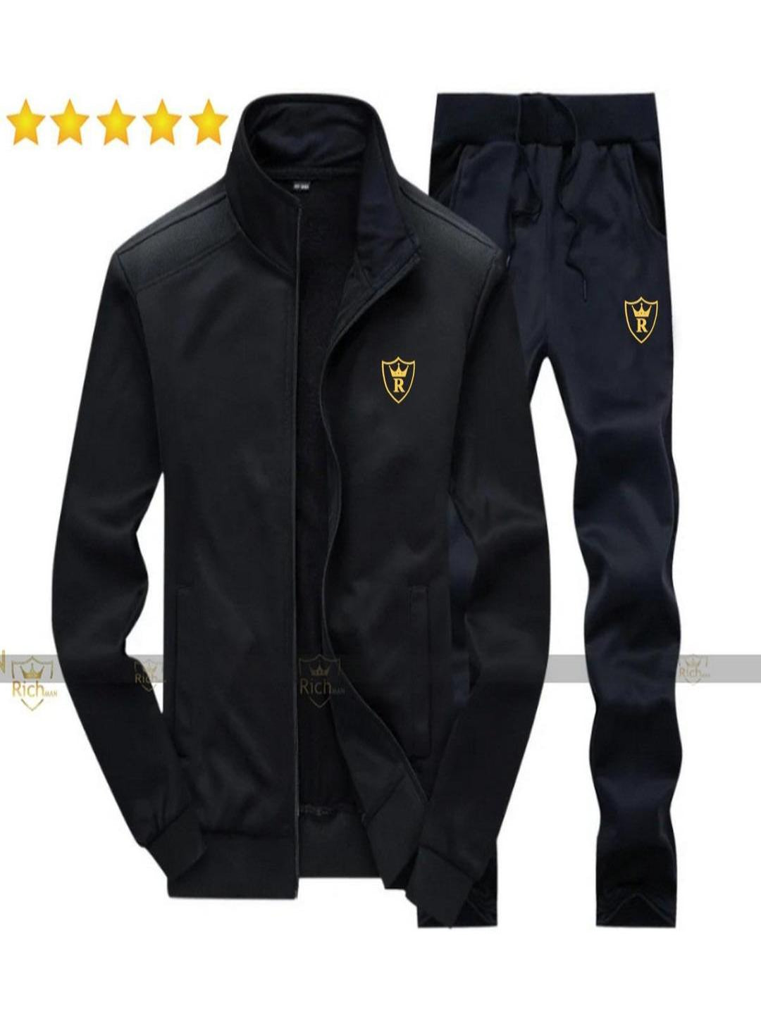 Men's Fleece Track Suit - 2 Pcs - Black - Plain Collar Design
