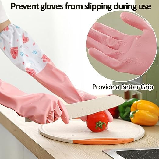 Long Reusable Dishwashing Gloves With Warm Fleece Lining