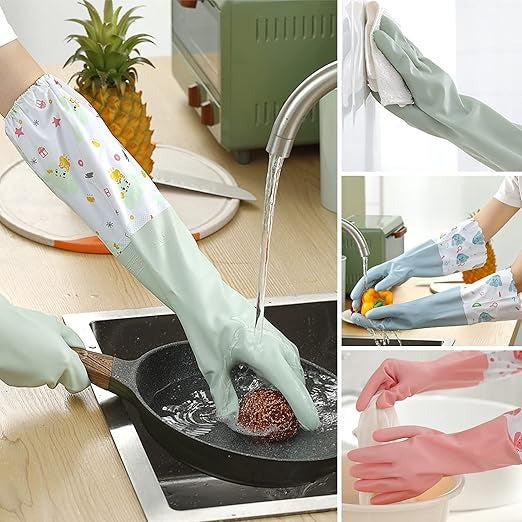 Long Reusable Dishwashing Gloves With Warm Fleece Lining