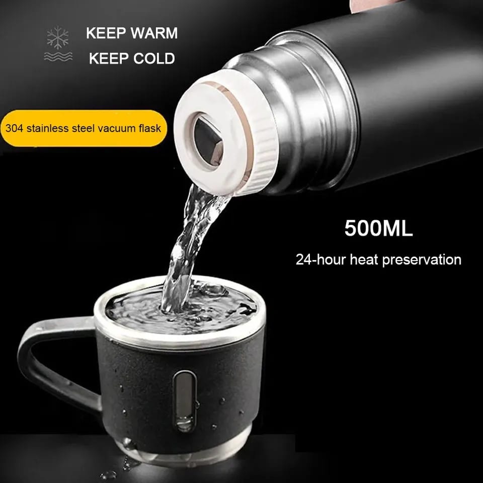 STAINLESS STEEL VACUUM FLASK SET - 500ML WITH 3 CUPS (Gift Box ) (Random Color)
