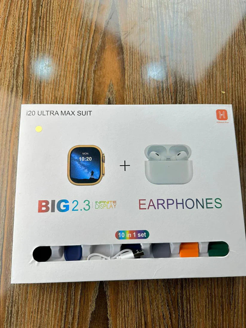 I20 Ultra MAX Smart Watch | Premium Quality | 2.3 '' Big Display Screen | Airpods & 7 Straps In Box | 10 In 1 (Random Color)